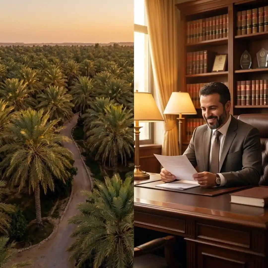 صورة: نخيل الأحساء أو محامٍ في مكتب بإضاءة دافئة